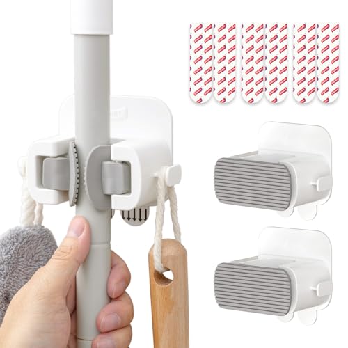 TAILI Mop and Broom Holder Wall Mount Grippers, 3 Hangers and 8 Adhesive Strips, Damage Free Hanging Wall Mount, Household Cleaning Organizer for Organization and Storage, Holds up to 4 lbs, Grey - color: Grey, size: 3 Pack