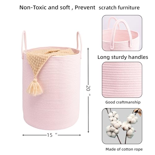 Woven Cotton Rope Laundry basket-15”X20” Laundry Hamper-Rope Storage Basket for Dirty Clothes, Toys and Blankets Perfect for Bathroom, Baby nursery and Living Room Storage (pink) - color: pink, size: regular