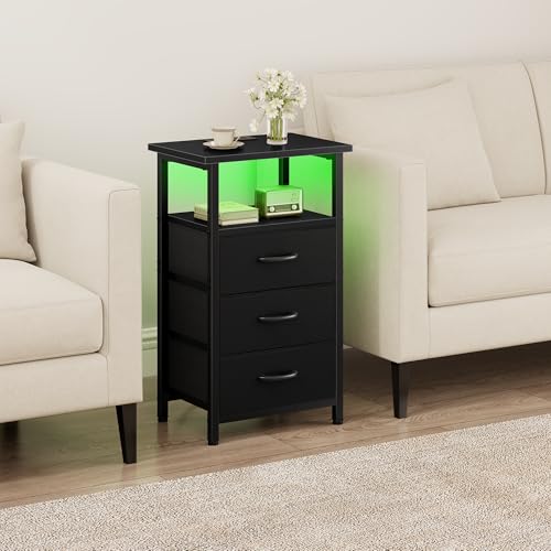 Vagusicc Night Stand with Charging Station, LED Nightstand for Bedroom, Bedside Table with 3 Fabric Drawers, End Table Side Table with USB Ports and Outlets, Bed Side Table for Bedroom, Black - color: Black, size: 1 Piece, style: With LEDs