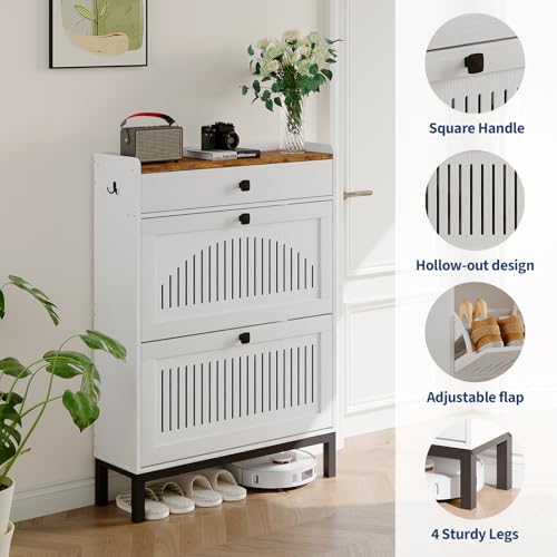 2-Door Flip Front Shoe Cabinet with Adjustable Shelves – Hidden Entryway Storage Organizer for Hallway, Foyer, Living Room – Freestanding Wooden Shoe Rack with Large Capacity & Modern Design, White - color: White & Rustic, size: 9.45"D x 31.4"W x 43.4"H