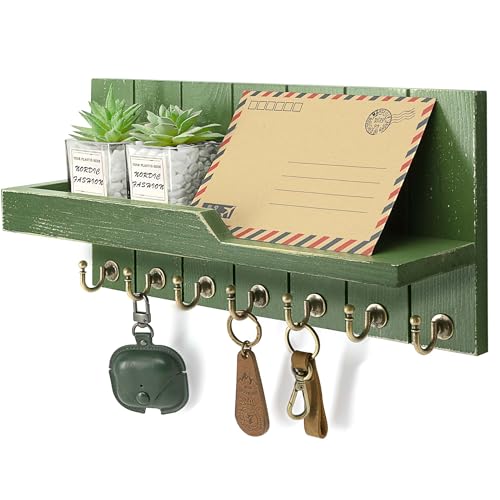 Farmhouse Pine Wood Key Holder Wall Mount - Key Holder for Wall with Floating Shelf Put Mail and Perfume - Rustic Key Hanger for Room Decor Aesthetic and Apartment Essentials (Green,15-inch) - color: Green, size: 15-inch