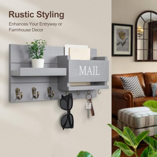 Lwenki Mail Organizer for Wall Mount – Key Holder with Shelf Includes Letter Holder and Hooks for Hallway Farmhouse Decor – Rustic Wood with Flush Mounting Hardware (16.5” x 9.1” x 3.4”) (Gray) - color: Gray