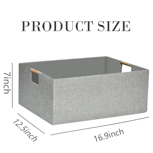 Collapsible Storage Box for Women - Foldable Home Organizer 16.9x12.5x7Inches with Wooden Handles | Closet, Bathroom & Kids Room Storage | Heavy-Duty Linen Fabric 2Pack - color: Light gray