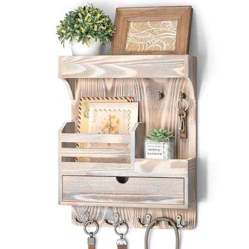 Rebee Vision Farmhouse Key Holder Wall Mount with Drawer Organizer – Wooden Mail & Key Organizer with 6 Strong Hooks & Wall Shelf – A Perfect Addition to Your Farmhouse Home Decor (Natural Wood) - color: Natural Wood, style: Large Drawer