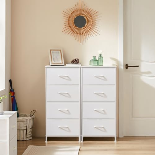 DUMOS Nightstand with 4 Drawers Bedside Table with Removable Fabric Bins Sturdy Steel Frame Wood Top Organizer Furniture for Bedroom Closet Living Room - color: White, size: 11.8"D x 17.7"W x 37.4"H (4 Drawers)
