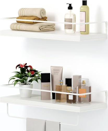 Shario Floating Shelves - Set of 2, Wall Mounted Hanging Shelves with White Towel Rack, Decorative Storage Shelves for Bathroom, Kitchen, Living Room & Bedroom (Rustic White) - color: Rustic White