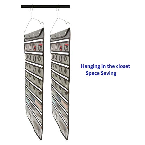 Dual Sided Hanging Jewelry Organizer with Hanger for Closet Necklace Earrings Bracelet Ring Travel Holder (56 Zippered Clear Pockets Grey)