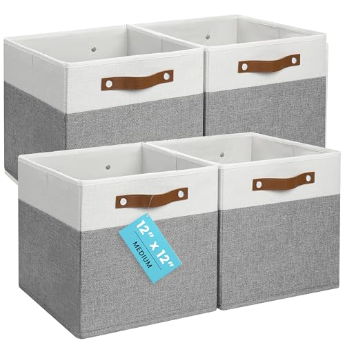 OrganiHaus 12" x 12" x 12" Fabric Cube Storage Bins - Set of 4, Cube Fabric Organizer Bins with Vegan Handles, Kallax Storage Cubes, 12Inch Cubic Baskets for Shelves - Grey / White - color: Gray Base / Off-White, size: (12x12) Leather Handles