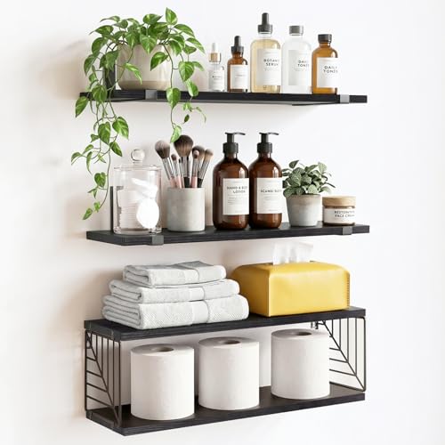 Fixwal 3+1 Tier Bathroom Floating Shelves Over Toilet, 15.8in Farmhouse Rustic Wood Shelves, Wall Decor for Bathroom, Living Room,Bedroom and Kitchen (Black) - color: Black