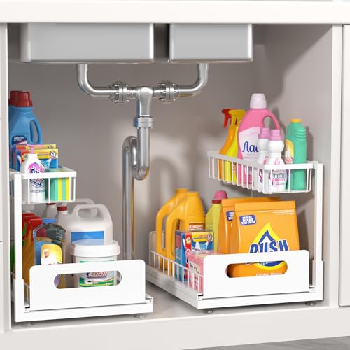 Under Sink Organizer 2 Tier, Pull Out Drawer Slides Under Sink Storage for Bathroom Kitchen,Multi-Purpose Drawer Under Cabinet Organizer for Cleaning Supplies (White, 2 Pack) - color: White, size: 2 Pack