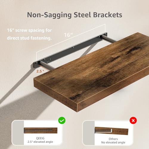 QEEIG Floating Shelves for Wall 23.6" Long - Wall Mounted Shelf Bathroom Kitchen Living Room Bedroom Farmhouse Home Decor Display Bookshelf Set of 2, Rustic Brown (008-60BN) - color: A. Brown, size: 23.6"