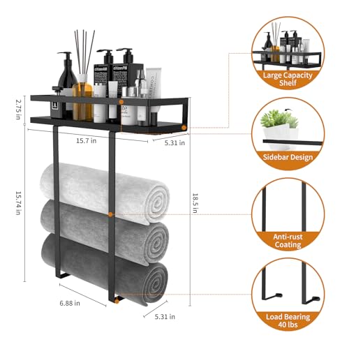 Towel Racks for Bathroom Wall Mounted, Xstydes Metal Towel Holder with Wooden Shelf for Folding Large Towels, Towel Storage for Small Bathroom Organizer Decor or RV Camping, Black - color: Black, size: Small