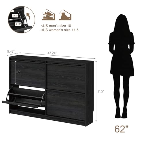 Shoe Storage Cabinet for Entryway with 4 Flip Drawers, Wooden Shoe Organizer Cabinet with Adjustable Shelf, Slim Freestanding Shoe Rack for Entryway, Hallway, Living Room, Black - color: Black