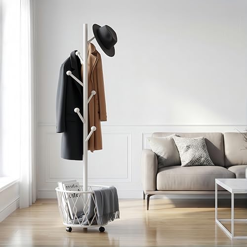 Freestanding Metal Coat Rack Stand with Basket Modern Organizer for Scarf Jacket Hat Bags Ideal for Home Entryway Bedroom Corner Stable and Moveable tree (white) - color: white