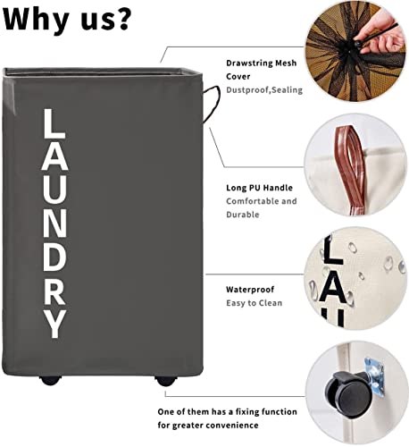 92L Extra Large Laundry Hamper with Leather Handle,Standable Laundry Basket with Wheels Laundry Hamper on Wheels,Large Hamper,Rolling Laundry Basket Grey - color: Grey/XXL, size: Super Large 27.5"