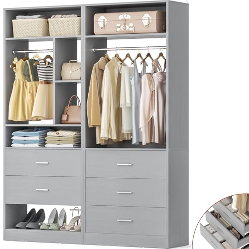 Besiost 4FT Closet Systems with 5 Wood Drawers, 48 Inch Closet Organizer System with 2 Hanging Rods & 7 Shelves, Heavy Duty 48" Walk-in Closet, Grey (48"L x 15" W x 80" H) - color: Grey