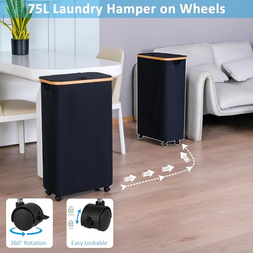 efluky Slim Laundry Basket with Wheels, Narrow Rolling Laundry Hamper with Lid and Removable Bag, Aesthetic Dirty Clothes Hamper on Wheels for Laundry Room, Bedroom, Dorm and Bathroom, 75L Dark Black - color: Black, size: 75L