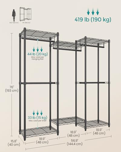 SONGMICS Heavy-Duty Clothes Rack, Garment Rack, Portable Closet, 56.9-Inch Wide Clothing Rack, with Adjustable Mesh Shelves and Hanging Rails, Ink Black ULGR432B01 - color: Ink Black, size: 56.9"L x 76"H, style: Without Fabric Cover