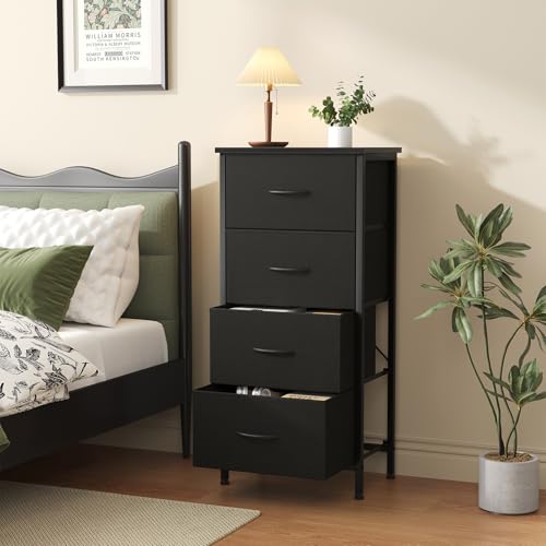 Sweetcrispy 4 Fabric Drawer Small Dresser, Bedside Nightstand with Wooden Top Sturdy Frame, Entryway Closet Bedroom Storage Cabinet Furniture for Dorm,Black - color: Black, size: 11.8"D x 17.7"W x 37.5"H (4 Drawers)