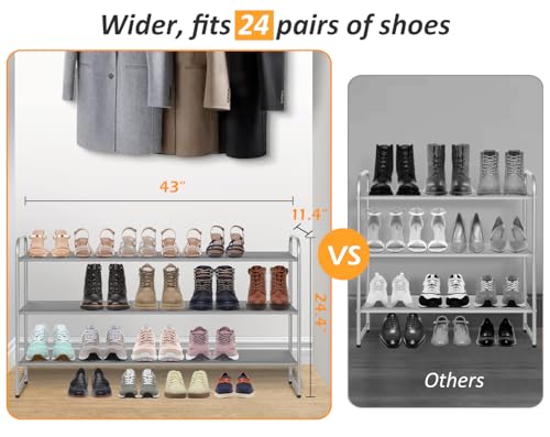 MISSLO Long 3 Tier Shoe Rack for Closet Shoe Organizer Storage Stackable Wide Shoe Shelf Holds 24 Pairs of Men Sneakers, Women Heels, Boots, Grey - color: Grey, size: 3 Tier