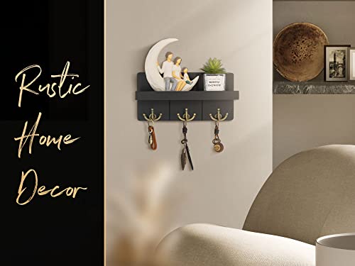 Rebee Vision Decorative Key and Mail Holder for Wall: Farmhouse Mail Organizer with Floating Shelf and 3 Anchor Key Hooks - Rustic Key Hanger for Farmhouse Entryway Decor (Modern Black) - color: Black