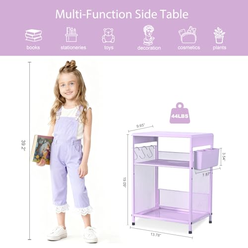 ECOLOVI Kids Nightstand 19in High for Floor Beds, 3-Tier Metal Small Bedside Table with Adjustable Storage Shelf, Basket & 3 S-Hooks, Low Nightstand for Nursery, Toddler Bedroom (Purple) - color: Purple