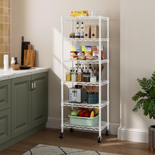 Golpart Small 6 Tier Shelf Storage Wire Shelving Unit Metal Shelves Adjustable Organizers Storage Shelving with Wheels for Bathroom Laundry Room Kitchen Pantry12”D x 18”W x 61.6”H White - color: White, size: 5 shelves (12 "D X 18 "W X 61.6 "H)