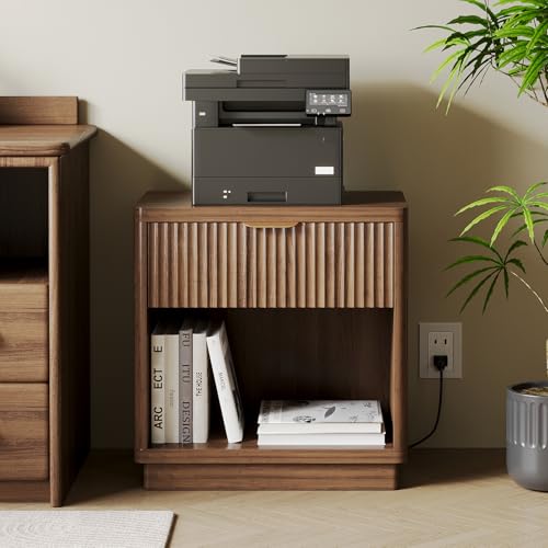 Fluted Nightstand with Charging Station, 22.8Inch Wide Bedside Table End Table with Drawer, Curved Corners, Modern Bedside Table for Bedroom, Living Room, Sofa, Walnut - color: Rectangle - Walnut