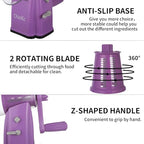 Upgrade Rotary Cheese Grater Shredder with Handle, Strong Suction Base, Multi-purpose Rotary Grater Slicer with 5 Interchangeable Blades for Ice, Vegetables, Fruit, Nuts with Blade Storage Box - color: Purple