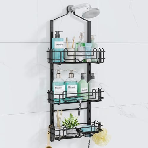 Consumest Shower Caddy Hanging – Rustproof Over Shower Head Hanger with Soap Holder and Hooks, Anti-Slip Shower Shelves for Storage, Bathroom Organizer for Apartment, Dorm, Black - color: Black, size: 3 Tier-Shower Head
