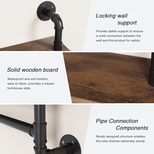 Merapi 24" Industrial Floating Shelves with Tower Bar, Pipe Shelves for Wall, 2 Tier Rustic Wood Wall Shelves for Home Décor, Bedroom, Living Room, Bathroom… - style: 2 Tier with Tower Bar