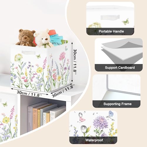 Clastyle 3 pcs 11.8'' Spring Summer Flower Storage Basket for Shelves with Metal Frame Large Butterfly Girl Clothes Toy Book Cube Bin for Bedroom Playroom,Color Floral - color: Color Flowers
