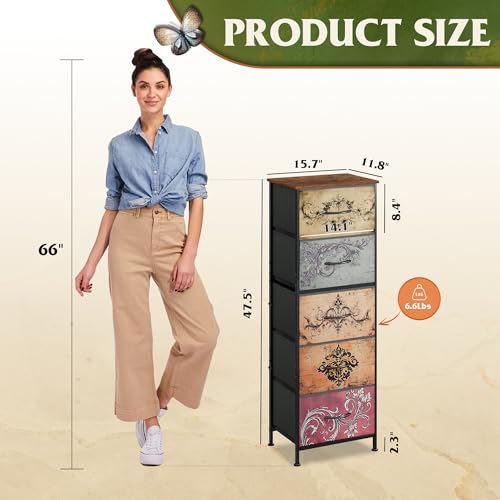 WLIVE Fabric Dresser, 5-Drawer Tall Dressers for Bedroom, Storage Dresser Organizer with Fabric Bins, Wood Top, Sturdy Steel Frame, Chest of Drawers for Closet, Hallway, Pattern - color: Pattern