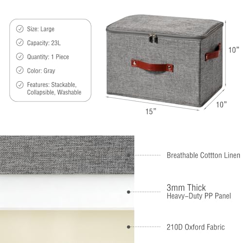 Storage Bin Box with Zippered Lid Cotton Linen Fabric Decorative Basket with PU Leather Handles PP Plastic Board Foldable Lidded Clothing Shelf Closet Organizer Container (Gray, Large) - color: Gray, size: Large ( Pack of 1 )