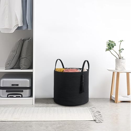 Mkono Woven Storage Basket Decorative Natural Rope Basket Wooden Bead Decoration for Blankets,Toys,Clothes,Shoes,Plant Organizer Bin with Handles Living Room Home Decor, 16" W×13.8" L, Black - color: Black, size: 16" W × 13.8"L