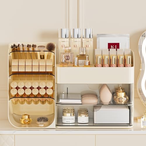 Makeup Organizer with Drawers, Large Capacity Countertop Organizer for Vanity, Bathroom and Bedroom Desk Cosmetics Organizer, Easy To Storage Skincare,Brushes, Eyeshadow,Lipstick (Cream) - color: Beige, size: Medium