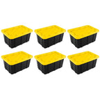 Sterilite 17 Gal Industrial Tote, Stackable Storage Bin with Snap-Fit Lid for Garage, Basement & Attic Storage, Black Base and Yellow Lily Lid, 6-Pack - size: 17 Gallon