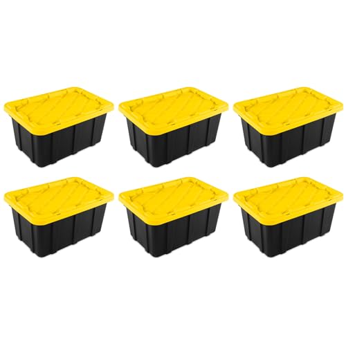 Sterilite 17 Gal Industrial Tote, Stackable Storage Bin with Snap-Fit Lid for Garage, Basement & Attic Storage, Black Base and Yellow Lily Lid, 6-Pack - size: 17 Gallon