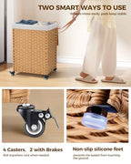 Greenstell Laundry Hamper with Wheels, No Install Needed, 110L Divided Handwoven Hampers & 2 Removable Liner Bags, Synthetic Rattan Clothes Laundry Basket with Lid & Handles, Foldable Hampers Natural - color: Natural, size: 110L: 22.0x13.5x26.4 Inches