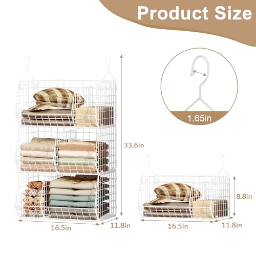 3 Tier Extra Large Closet Hanging Shelves with Divider, 16.5"L x 11.8"W x 33.6"H Closets Organizers and Storage with 5 S Hooks, Clothes Organizer for Sweaters Shoes Handbags Clutches Accessories-White - color: White, size: 3-Tier