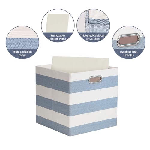 11 x 11 x 11 Inch Storage Bins, Collapsible Fabric Cubes, Cubby Organizer Bins Striped Container Baskets for Home Office Wardrobe Closet Shelf, Pack of 4, Blue/White - color: Blue/White, size: 11"x11"x11"