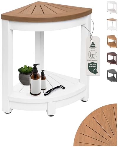 ROHKEX Waterproof Corner Shower Stool - Pack of 1, White & Brown - Stable Shaving Stool for Legs - Easy Assembly Plastic Shower Bench Seat - Non-Slip Feet, Gifts Idea for Home, Corner Bench Seat - color: White & Brown