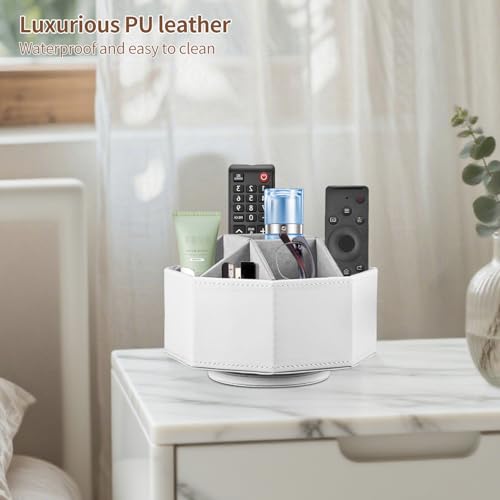 YAPISHI Swivel Remote Control Holder,9 Rooms Desk Organizer and Decorations for Living Room,Leather Bedside Storage Caddy for TV Controllers/Makeup Brush Pen/Office Stationery/Art Supplies/Eyeglasses - color: White