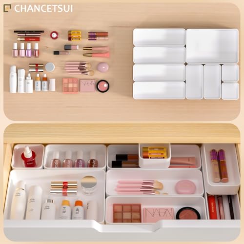 9 Pcs Stackable Drawer Organizer Trays Set, Multifunctional Stackable Storage Trays for Vanity, Bathroom, Kitchen, Desk Drawer Organizer Office. Plastic Drawer Organizers Available In 5 Colours, White - color: 9-4White