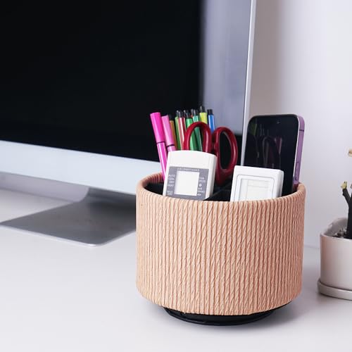Round Leather Art Supply Organizer,Remote Control Holder,360 Degree Spinning,Multi-Functional Pencil Holder,4 Compartments Desktop Stationary Organizer(1-Wood Apricot) - color: 1-Wood Apricot