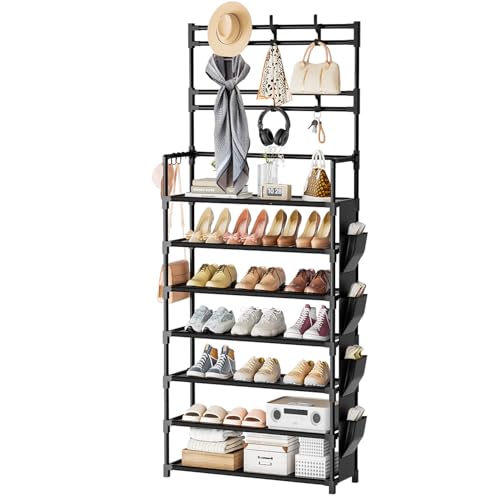 OYREL Shoe Rack 7 Tier Shoe Organizer Storage 21-28 Pairs Closet Shoes Rack for Front Door Entrance Shoe Rack Organizer with Hooks Side Pocket Entryway Large Capacity Shoe Shelf Tower Garage - color: Black, size: 7 Tier (23.6"Wx 65.4"H)