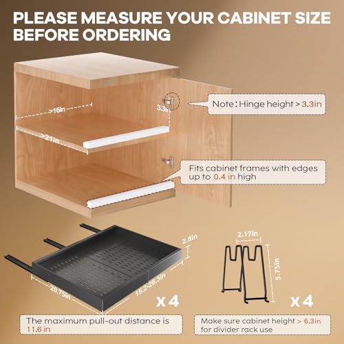 Seinloes 4 Pack Pull out Cabinet Organizer 21" Deep With Raising Pad for Framed Cabinets,Expandable (15.2"-26.3"W) Slide out Drawers for Kitchen Cabinets with 4pcs Divider Racks,Roll out Shelves,Black - color: Black, size: 15.2"-26.3"W x 21"D(4Pack)