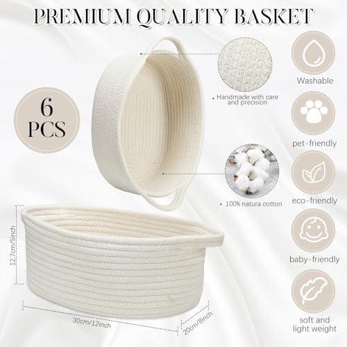 6 Pcs Small Woven Basket 12 x 8 x 5 Empty Gift, Cotton Rope Storage, Decorative Dog Cat, Cute Oval Basket for Bedroom Living Room Organizing(White) - color: White