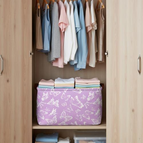 Purple Butterfly Storage Basket Waterproof Canvas Toy Storage Bin Decorative Collapsible Outdoor Basket with Leather Handles Purple Gifts Basket For Closets,Bedrooms,Home,Bathroom - color: Purple Butterfly