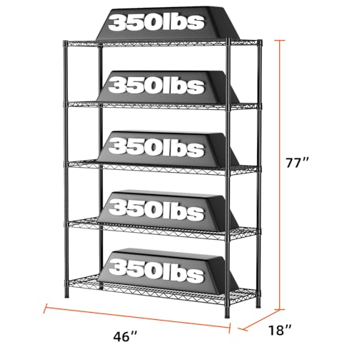 SINGAYE Shelf Closet Wire Shelving：Adjustable Metal Unit for Laundry Room Organization Bathroom Kitchen Home Garage Storage Pantry Rack Shelves - color: Black, size: 5Tier-18"Dx46"Wx77"H